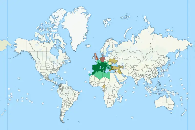 Weltkarte mit dem Verbreitungsgebiet von Crematogaster scutellaris rund ums Mittelmeer und in Nordafrika