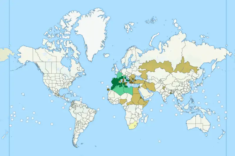 南ヨーロッパと北アフリカに広がるMessor barbarusの分布を示す世界地図