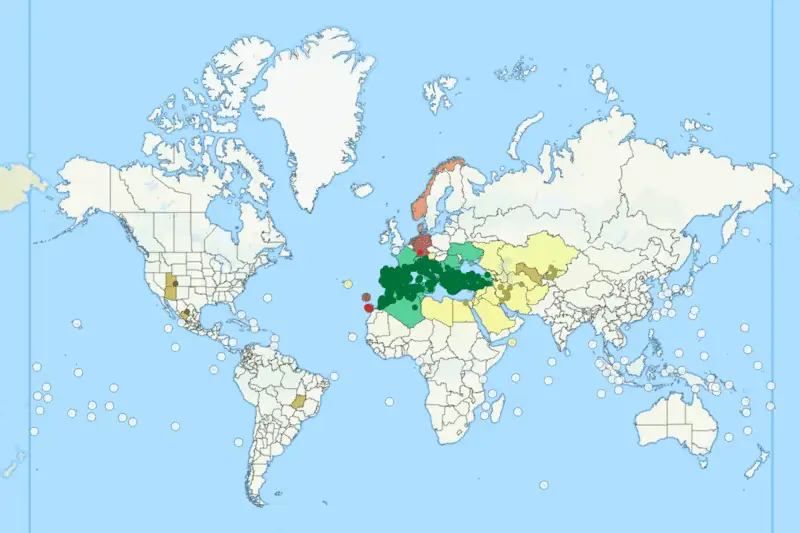 Weltkarte mit dem Verbreitungsgebiet von Pheidole pallidula rund ums Mittelmeer bis nach Westasien