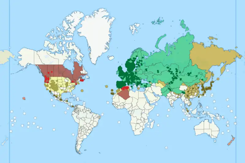 Weltkarte mit den Vorkommen von Lasius niger in Europa, Asien, Nordafrika und Nordamerika