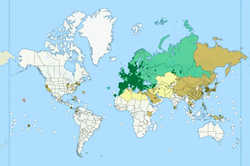 ヨーロッパとアジアに広がり、他地域にも点在するTetramorium caespitumの分布を示す世界地図
