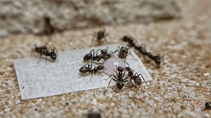 Ants crowding around a drop of liquid sugar food, filling their crops to share with the colony